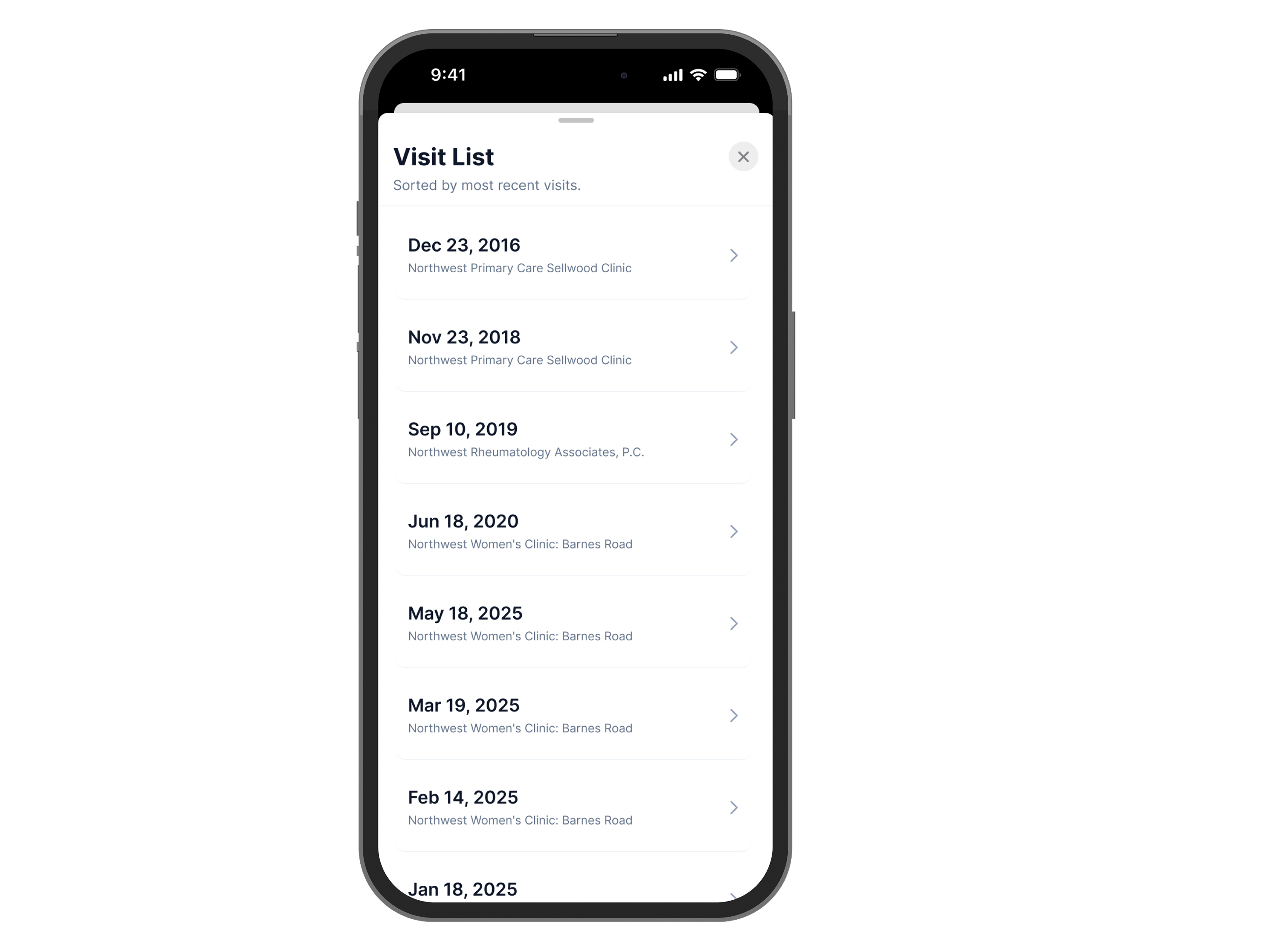 A longitudinal health record reveals visits across years in one timeline