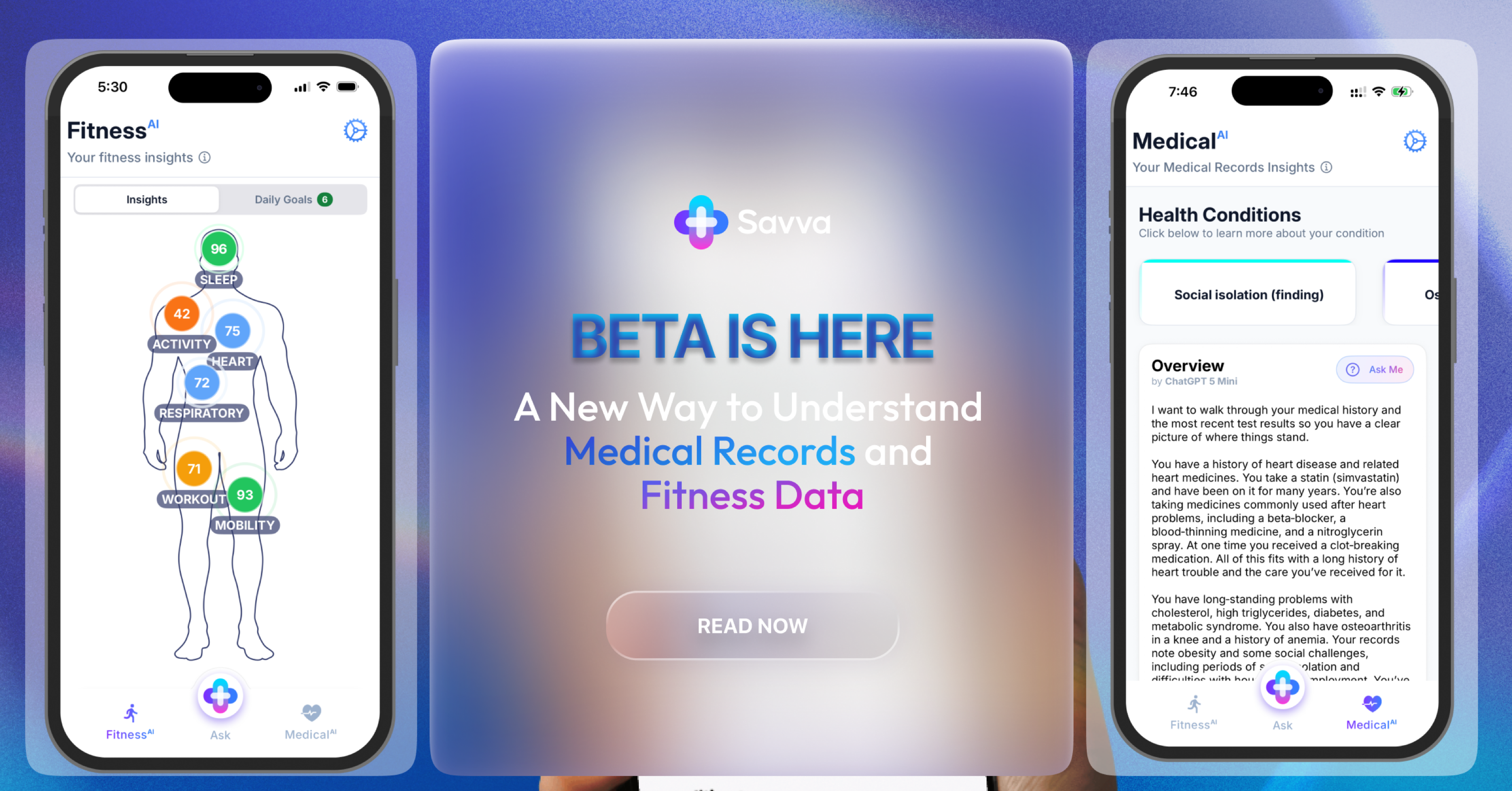 Savva beta launch banner for medical summaries and fitness insights